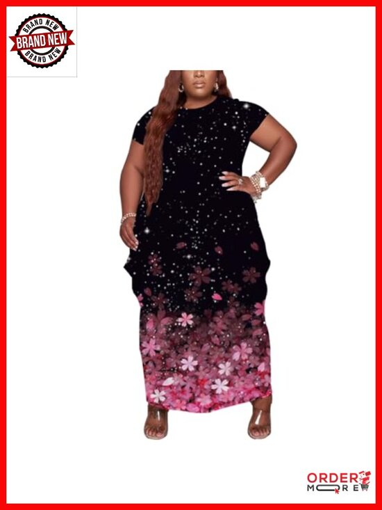 Dresses & Skirts - Oversize Plus Size Maxi Dress with Pockets Short Sleeve Swing Dress